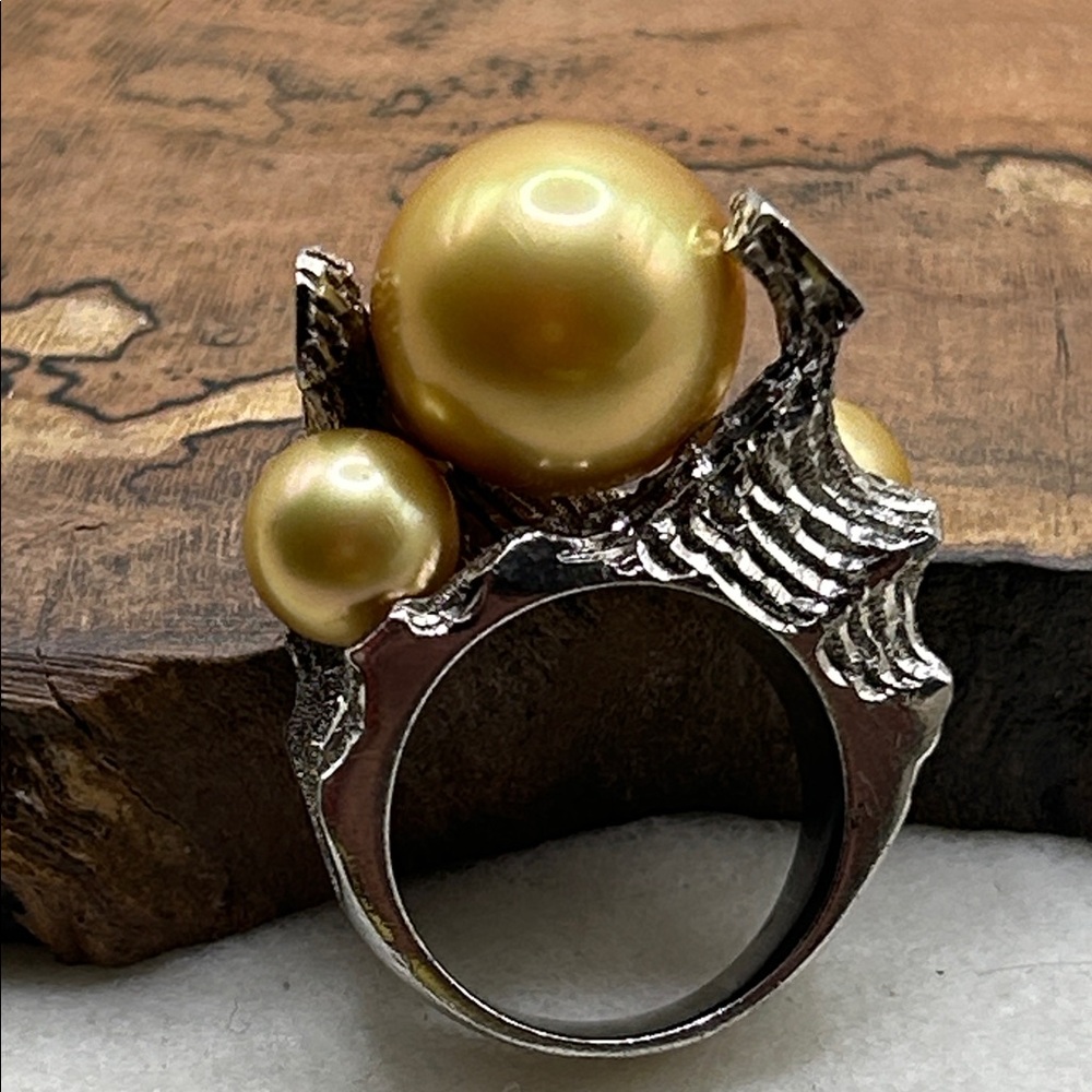 Gold Faux Pearl Ring 925 Sterling Unique Hallmarks Women’s Cocktail Artisan
